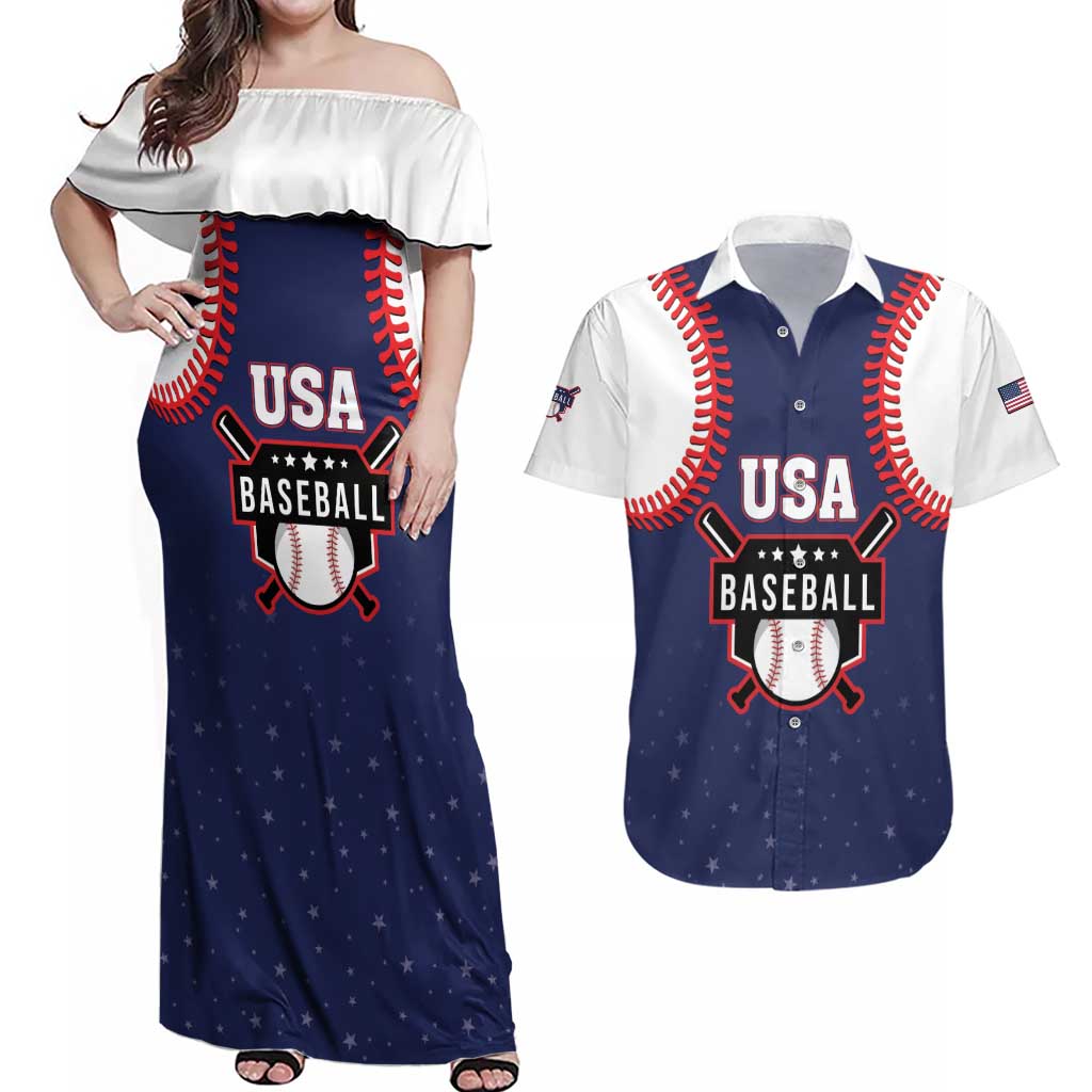 Custom USA 2025 Baseball Couples Matching Off Shoulder Maxi Dress and Hawaiian Shirt United States Team For Glory