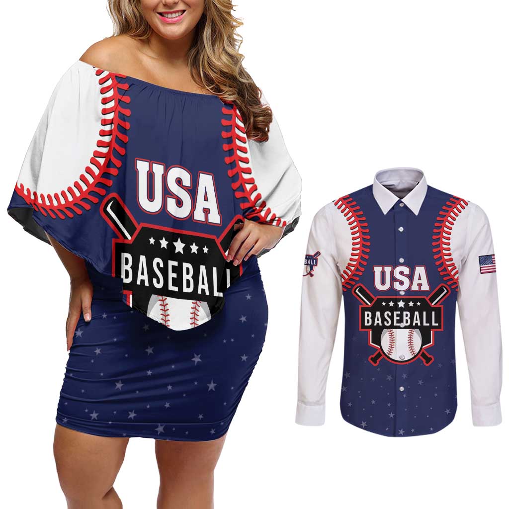 Custom USA 2025 Baseball Couples Matching Off Shoulder Short Dress and Long Sleeve Button Shirt United States Team For Glory
