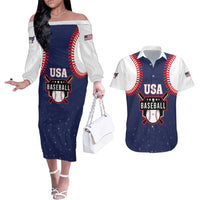 Custom USA 2025 Baseball Couples Matching Off The Shoulder Long Sleeve Dress and Hawaiian Shirt United States Team For Glory