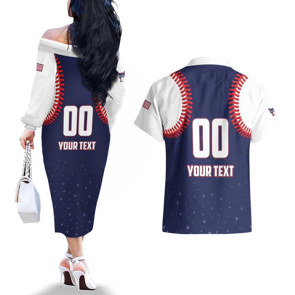 Custom USA 2025 Baseball Couples Matching Off The Shoulder Long Sleeve Dress and Hawaiian Shirt United States Team For Glory