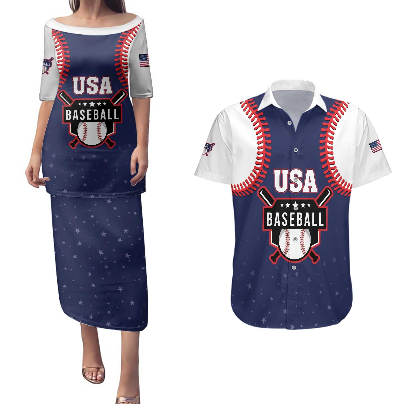 Custom USA 2025 Baseball Couples Matching Puletasi and Hawaiian Shirt United States Team For Glory
