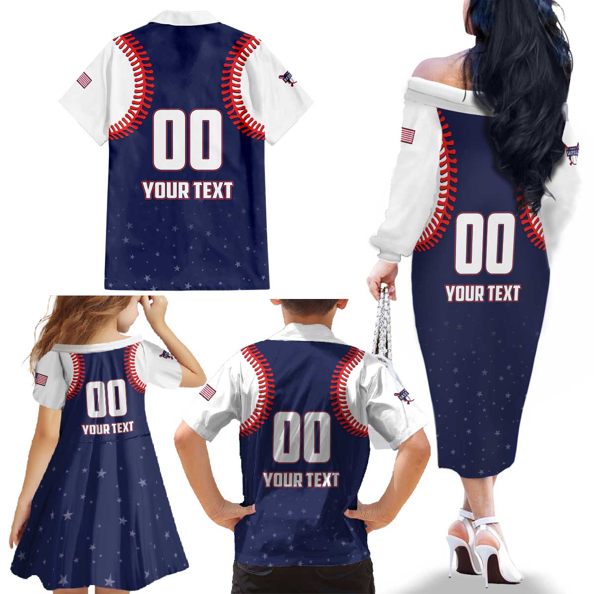 Custom USA 2025 Baseball Family Matching Off The Shoulder Long Sleeve Dress and Hawaiian Shirt United States Team For Glory