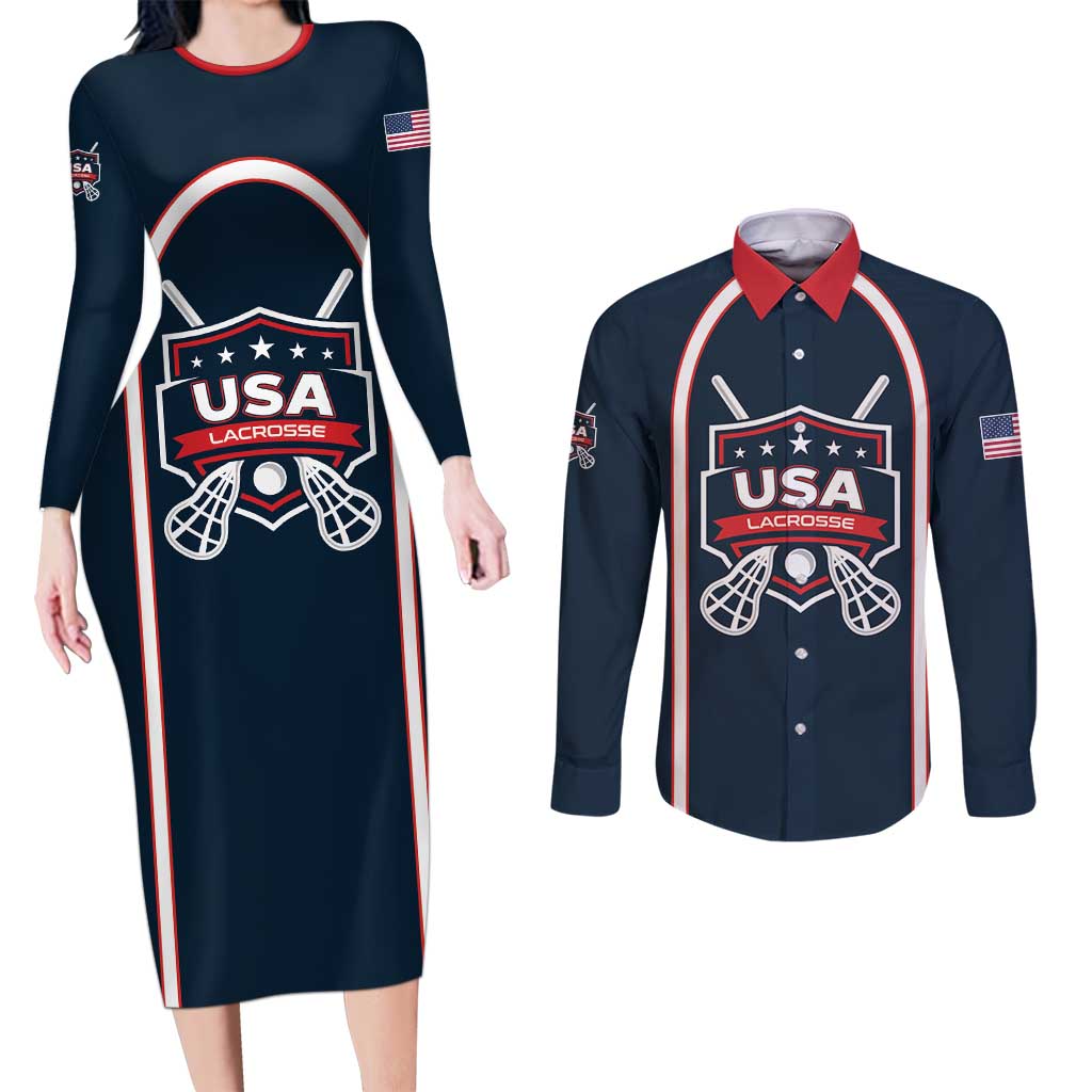Custom USA 2025 Lacrosse Couples Matching Long Sleeve Bodycon Dress and Long Sleeve Button Shirt USA Growing the Game Blue Version