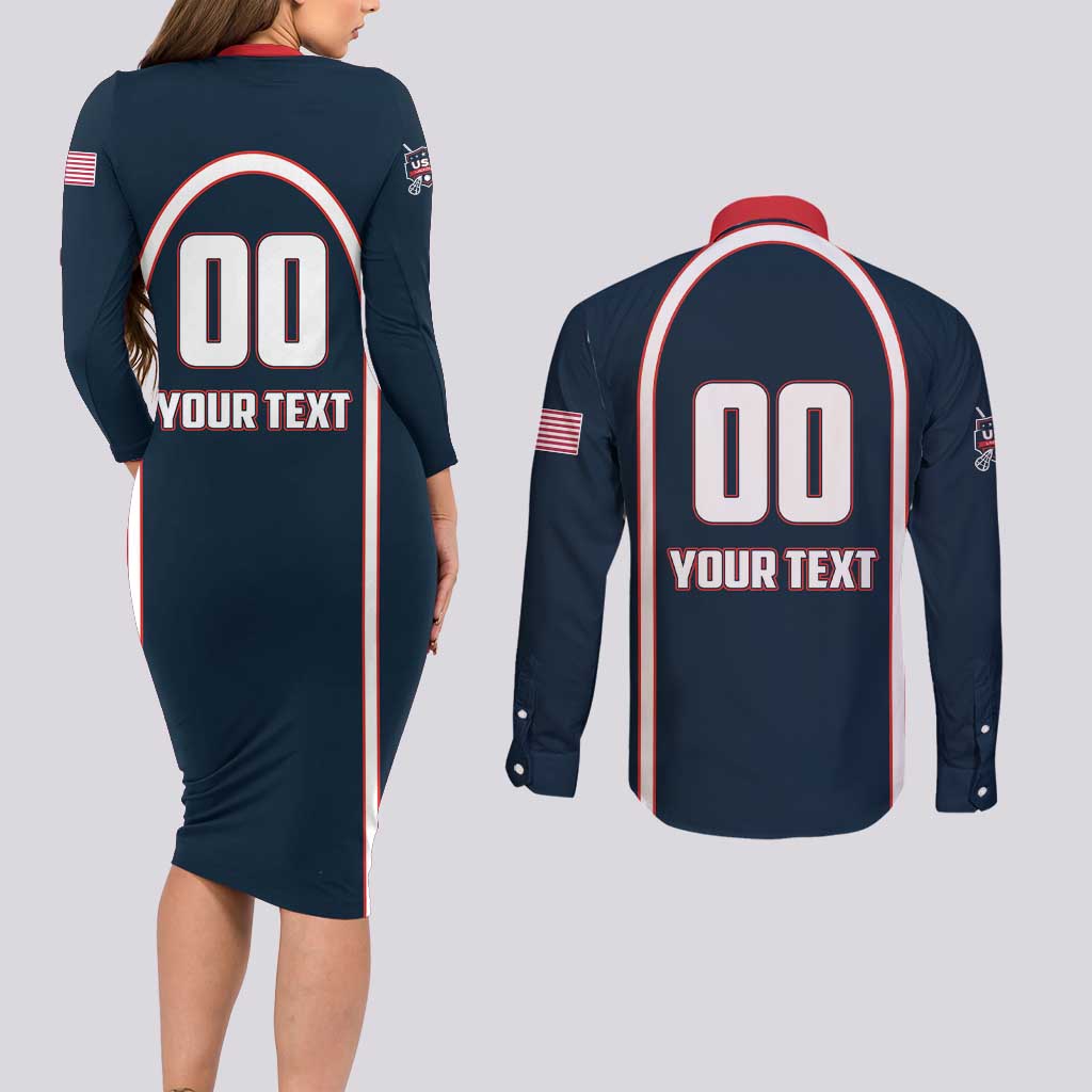 Custom USA 2025 Lacrosse Couples Matching Long Sleeve Bodycon Dress and Long Sleeve Button Shirt USA Growing the Game Blue Version