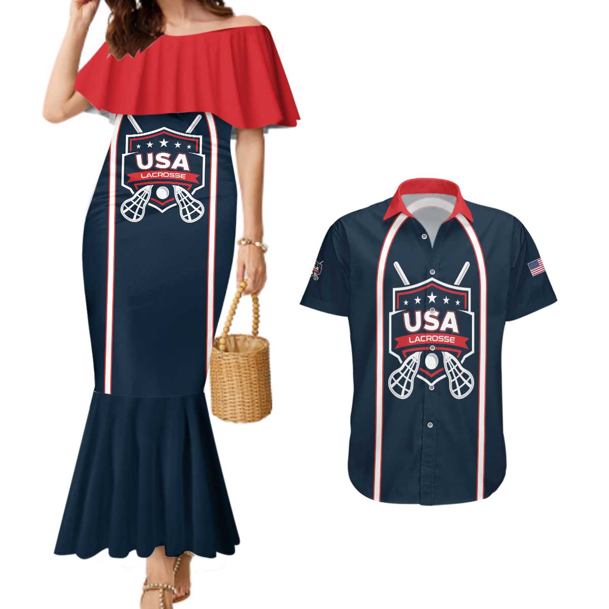 Custom USA 2025 Lacrosse Couples Matching Mermaid Dress and Hawaiian Shirt USA Growing the Game Blue Version