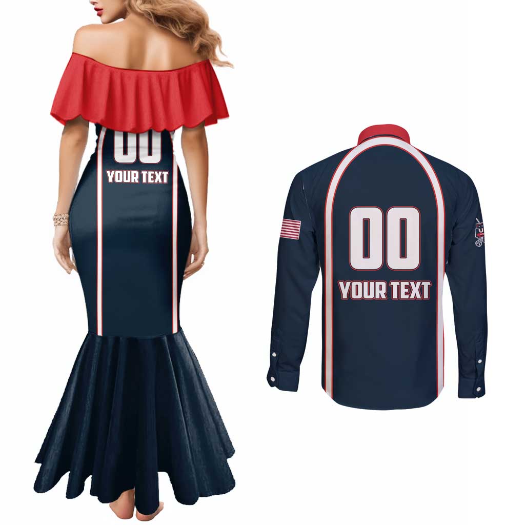 Custom USA 2025 Lacrosse Couples Matching Mermaid Dress and Long Sleeve Button Shirt USA Growing the Game Blue Version