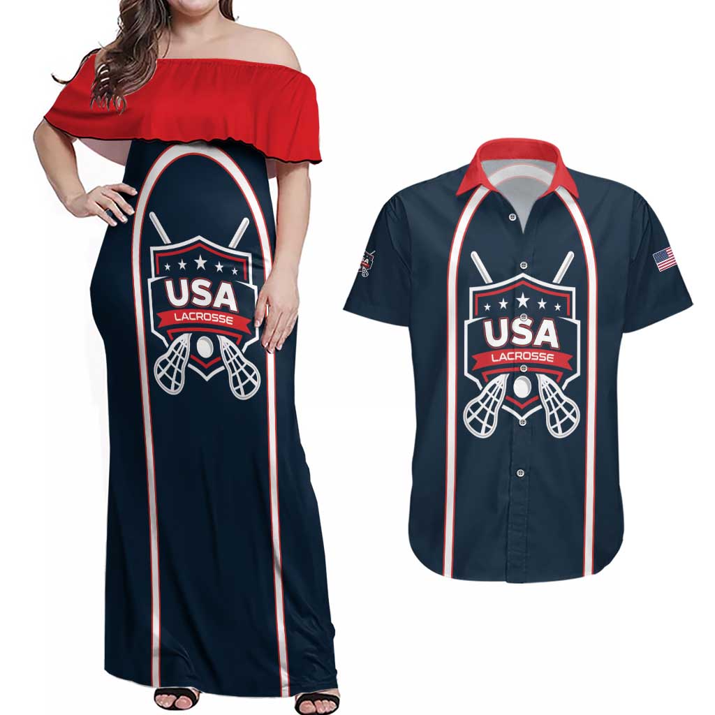 Custom USA 2025 Lacrosse Couples Matching Off Shoulder Maxi Dress and Hawaiian Shirt USA Growing the Game Blue Version