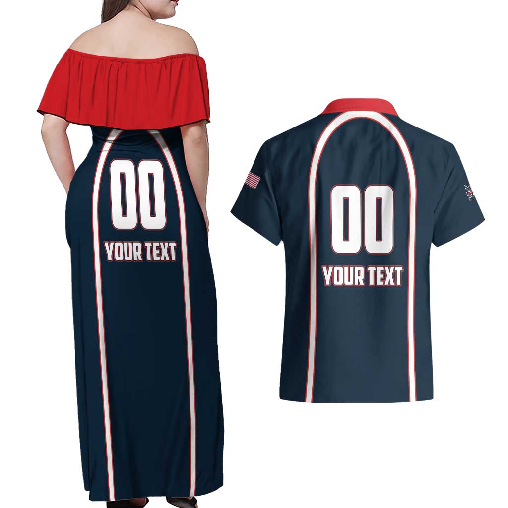 Custom USA 2025 Lacrosse Couples Matching Off Shoulder Maxi Dress and Hawaiian Shirt USA Growing the Game Blue Version