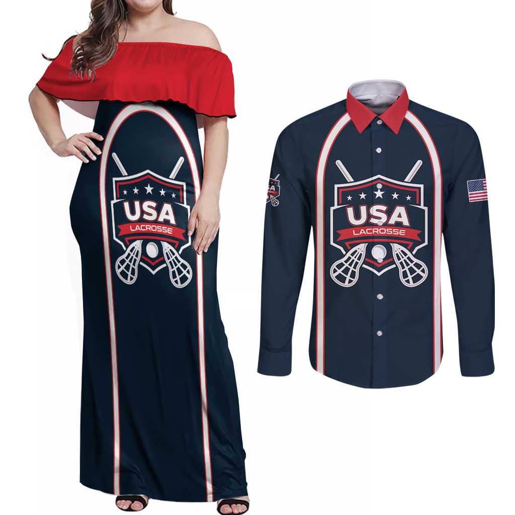 Custom USA 2025 Lacrosse Couples Matching Off Shoulder Maxi Dress and Long Sleeve Button Shirt USA Growing the Game Blue Version