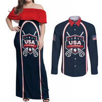 Custom USA 2025 Lacrosse Couples Matching Off Shoulder Maxi Dress and Long Sleeve Button Shirt USA Growing the Game Blue Version