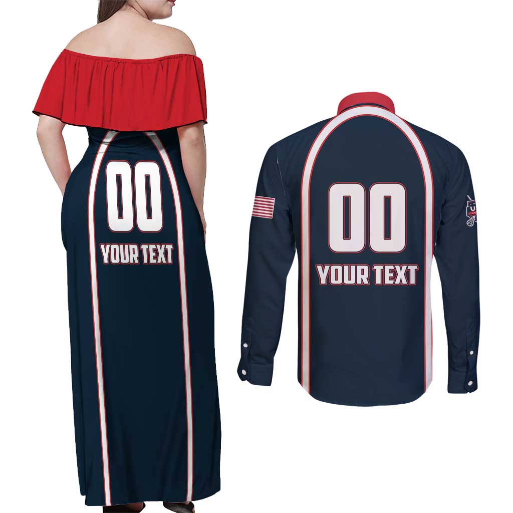 Custom USA 2025 Lacrosse Couples Matching Off Shoulder Maxi Dress and Long Sleeve Button Shirt USA Growing the Game Blue Version