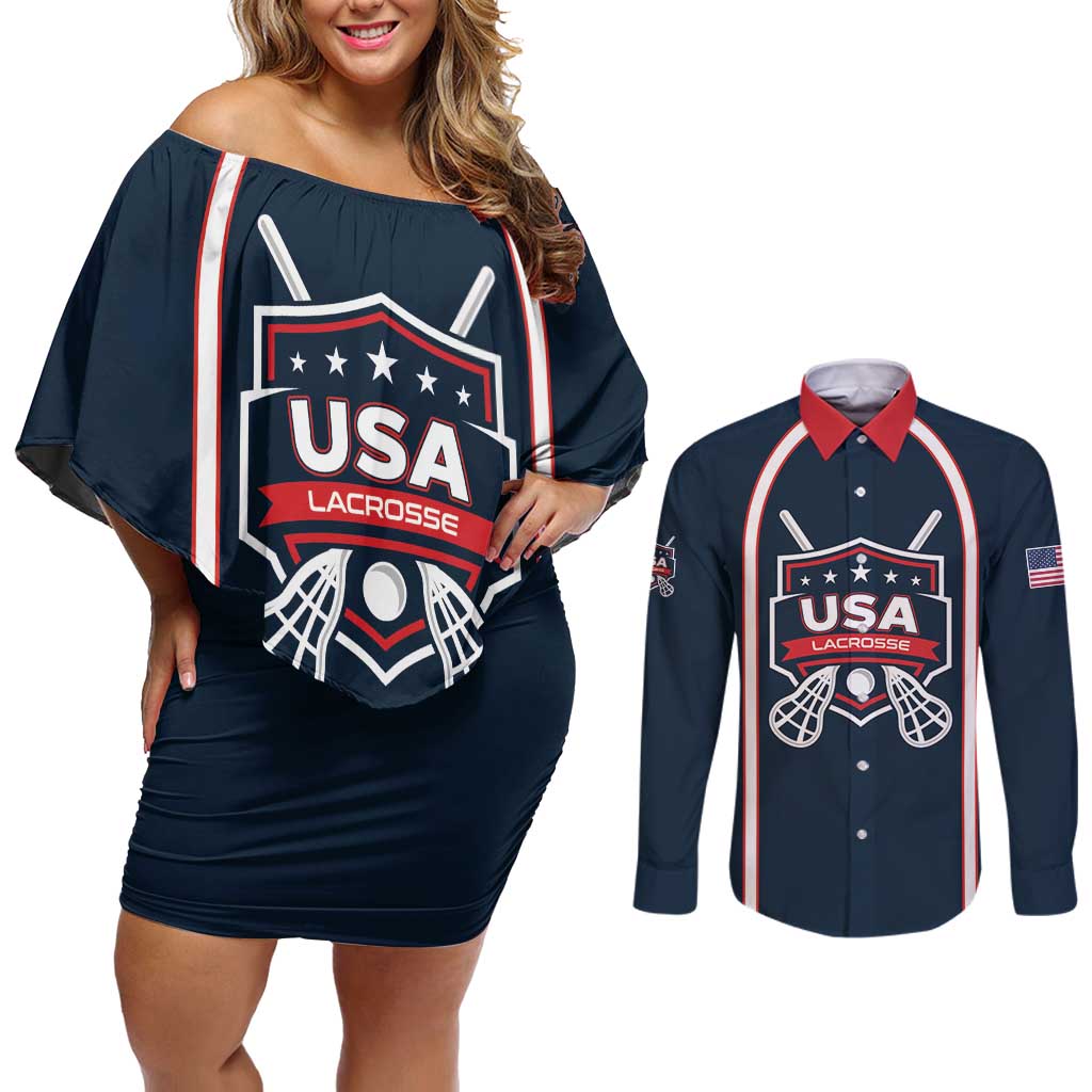 Custom USA 2025 Lacrosse Couples Matching Off Shoulder Short Dress and Long Sleeve Button Shirt USA Growing the Game Blue Version