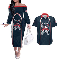 Custom USA 2025 Lacrosse Couples Matching Off The Shoulder Long Sleeve Dress and Hawaiian Shirt USA Growing the Game Blue Version
