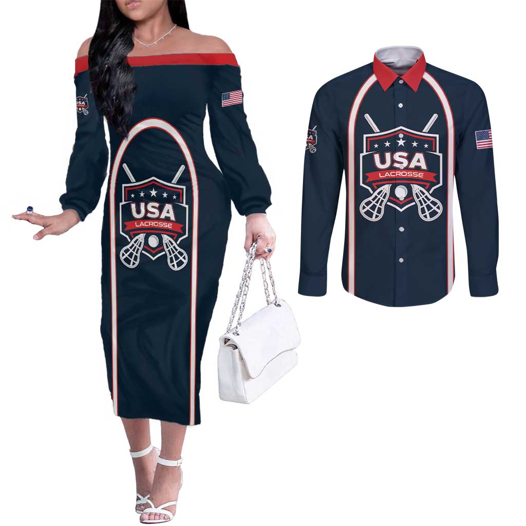 Custom USA 2025 Lacrosse Couples Matching Off The Shoulder Long Sleeve Dress and Long Sleeve Button Shirt USA Growing the Game Blue Version