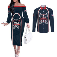 Custom USA 2025 Lacrosse Couples Matching Off The Shoulder Long Sleeve Dress and Long Sleeve Button Shirt USA Growing the Game Blue Version