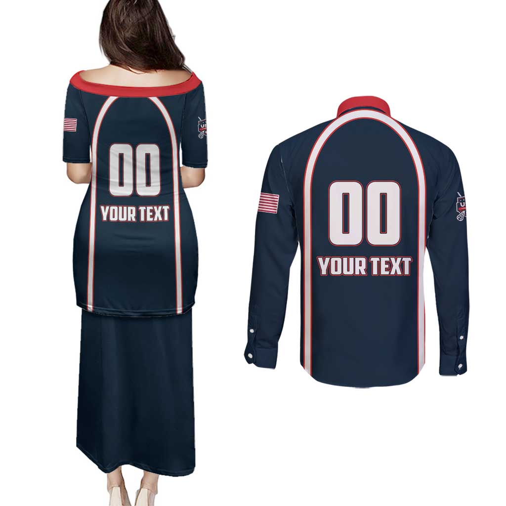 Custom USA 2025 Lacrosse Couples Matching Puletasi and Long Sleeve Button Shirt USA Growing the Game Blue Version