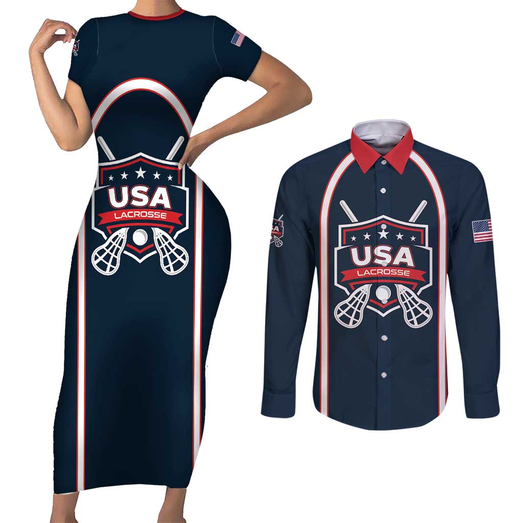 Custom USA 2025 Lacrosse Couples Matching Short Sleeve Bodycon Dress and Long Sleeve Button Shirt USA Growing the Game Blue Version