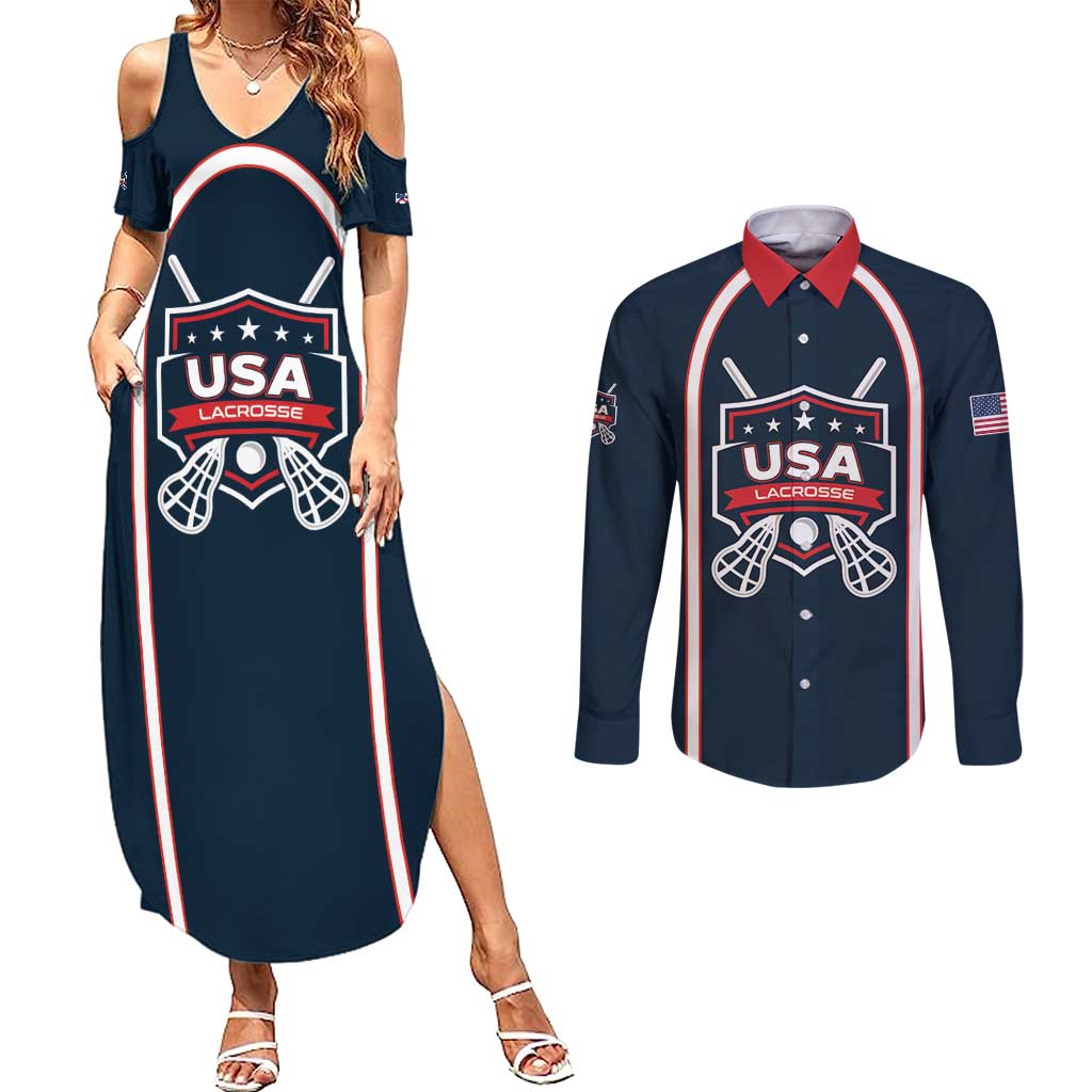 Custom USA 2025 Lacrosse Couples Matching Summer Maxi Dress and Long Sleeve Button Shirt USA Growing the Game Blue Version