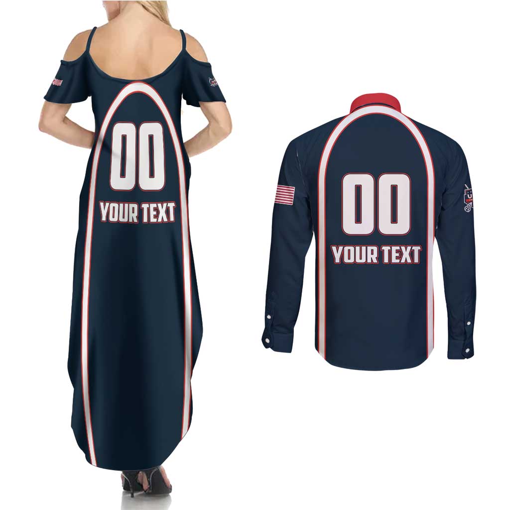 Custom USA 2025 Lacrosse Couples Matching Summer Maxi Dress and Long Sleeve Button Shirt USA Growing the Game Blue Version
