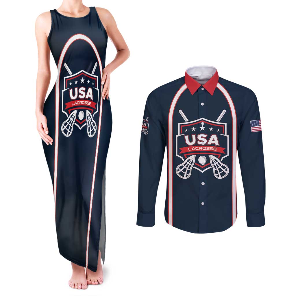 Custom USA 2025 Lacrosse Couples Matching Tank Maxi Dress and Long Sleeve Button Shirt USA Growing the Game Blue Version