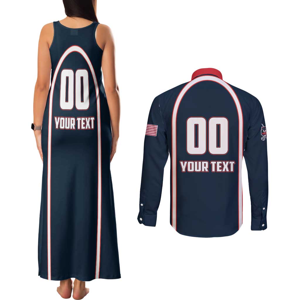 Custom USA 2025 Lacrosse Couples Matching Tank Maxi Dress and Long Sleeve Button Shirt USA Growing the Game Blue Version