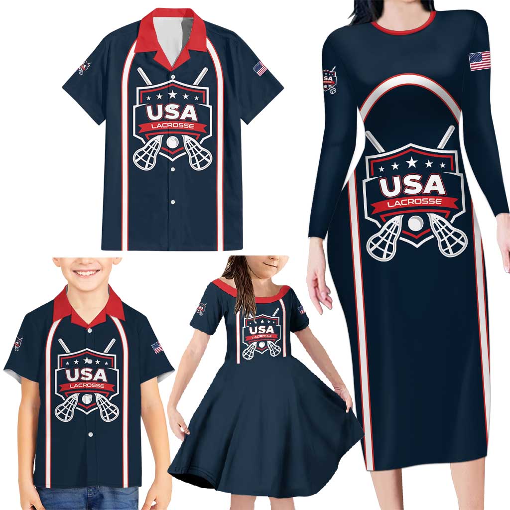 Custom USA 2025 Lacrosse Family Matching Long Sleeve Bodycon Dress and Hawaiian Shirt USA Growing the Game Blue Version