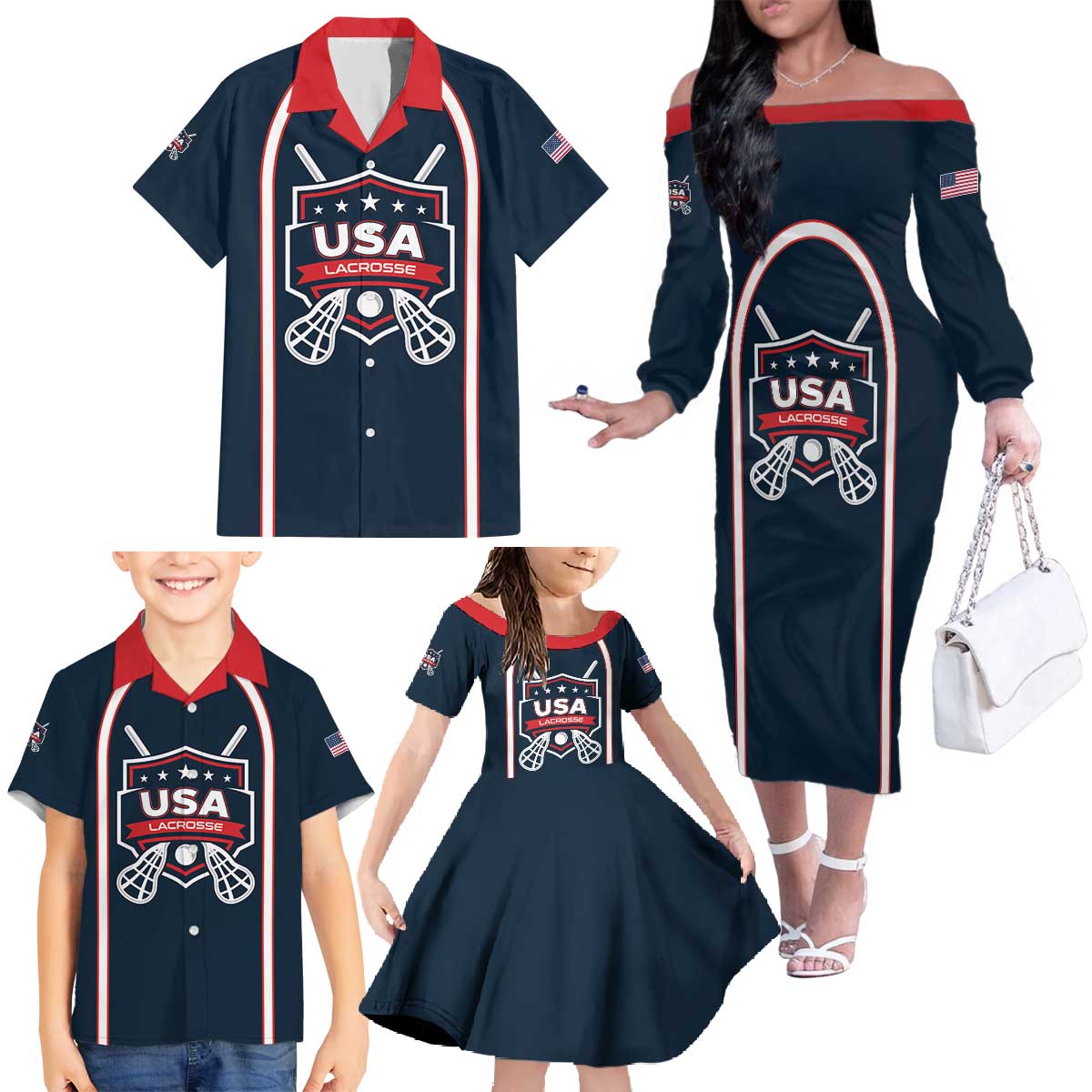 Custom USA 2025 Lacrosse Family Matching Off The Shoulder Long Sleeve Dress and Hawaiian Shirt USA Growing the Game Blue Version
