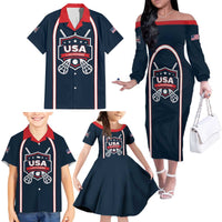 Custom USA 2025 Lacrosse Family Matching Off The Shoulder Long Sleeve Dress and Hawaiian Shirt USA Growing the Game Blue Version