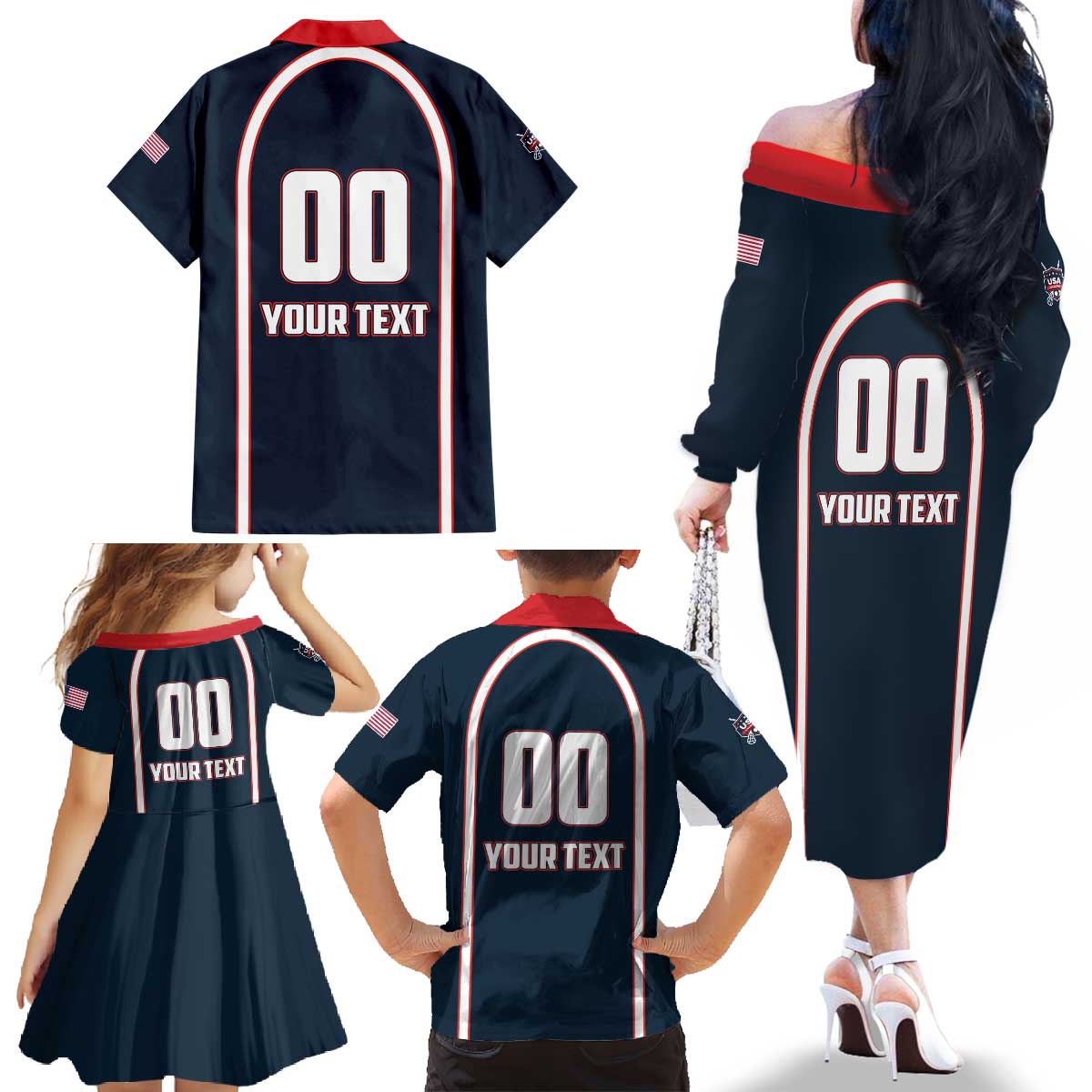 Custom USA 2025 Lacrosse Family Matching Off The Shoulder Long Sleeve Dress and Hawaiian Shirt USA Growing the Game Blue Version