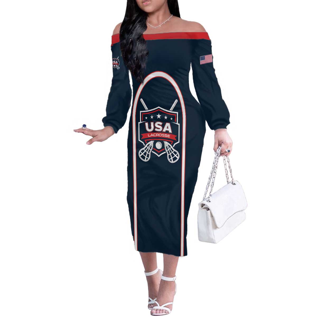 Custom USA 2025 Lacrosse Family Matching Off The Shoulder Long Sleeve Dress and Hawaiian Shirt USA Growing the Game Blue Version