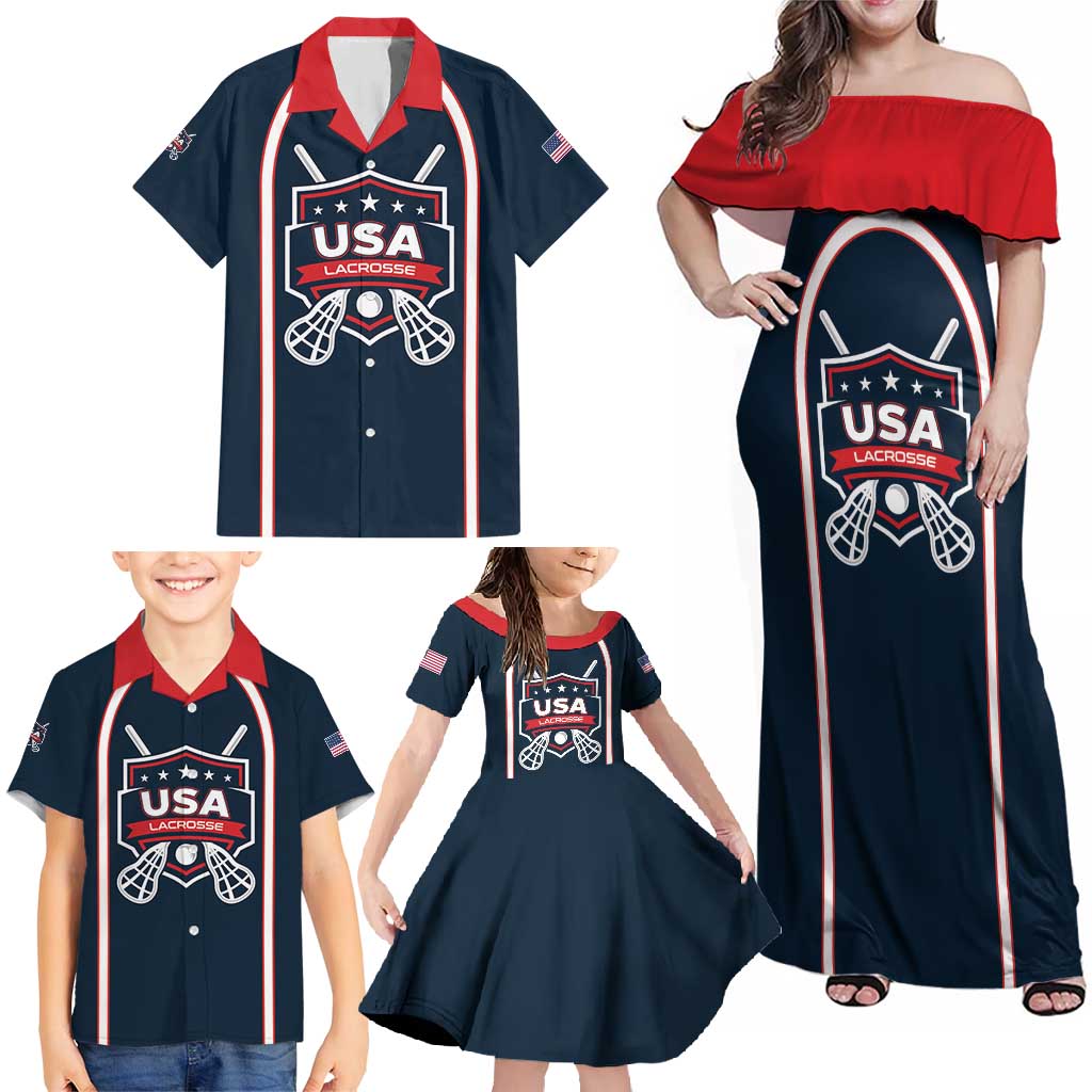 Custom USA 2025 Lacrosse Family Matching Off Shoulder Maxi Dress and Hawaiian Shirt USA Growing the Game Blue Version