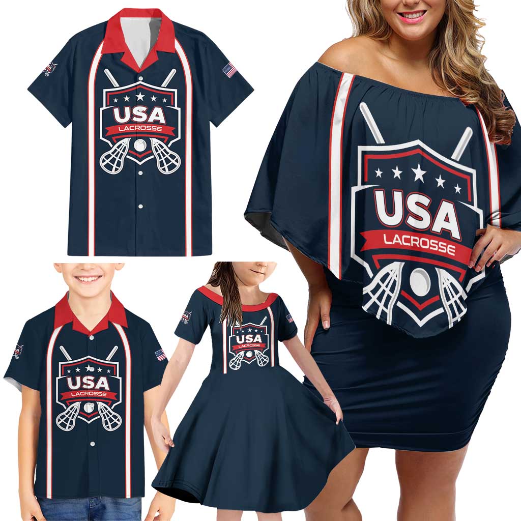 Custom USA 2025 Lacrosse Family Matching Off Shoulder Short Dress and Hawaiian Shirt USA Growing the Game Blue Version