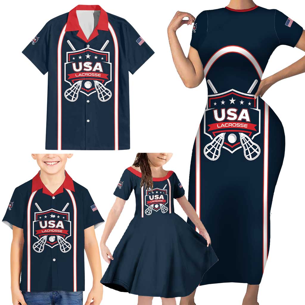 Custom USA 2025 Lacrosse Family Matching Short Sleeve Bodycon Dress and Hawaiian Shirt USA Growing the Game Blue Version