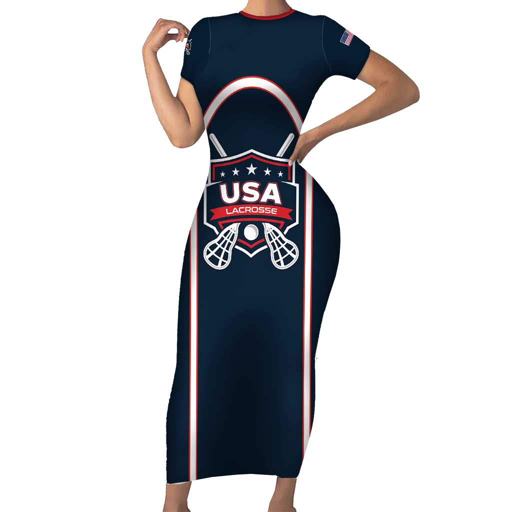 Custom USA 2025 Lacrosse Family Matching Short Sleeve Bodycon Dress and Hawaiian Shirt USA Growing the Game Blue Version