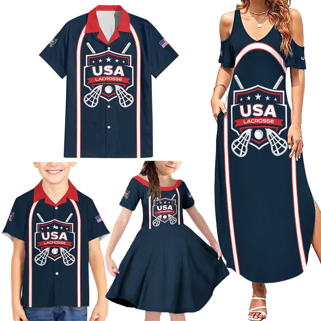 Custom USA 2025 Lacrosse Family Matching Summer Maxi Dress and Hawaiian Shirt USA Growing the Game Blue Version