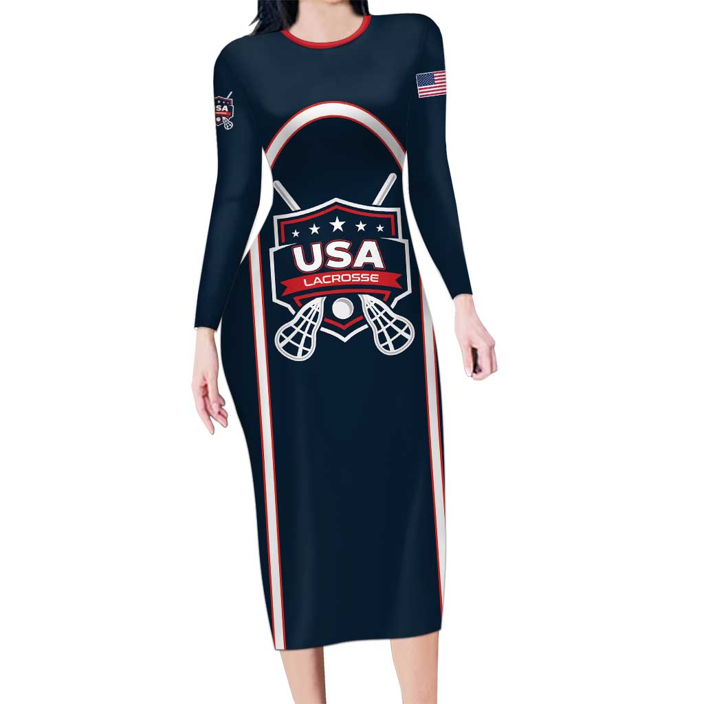 Custom USA 2025 Lacrosse Long Sleeve Bodycon Dress USA Growing the Game Blue Version