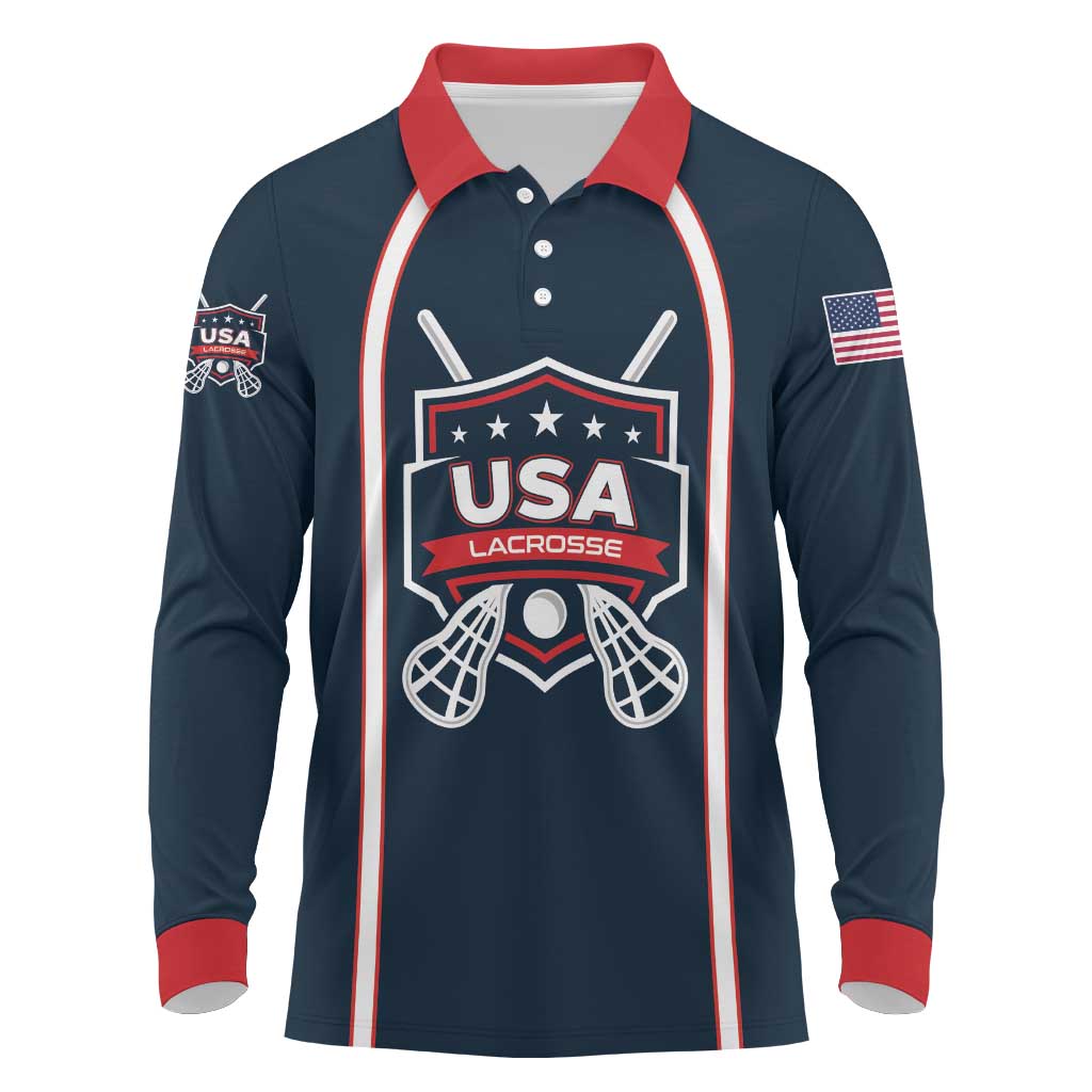 Custom USA 2025 Lacrosse Long Sleeve Polo Shirt USA Growing the Game Blue Version