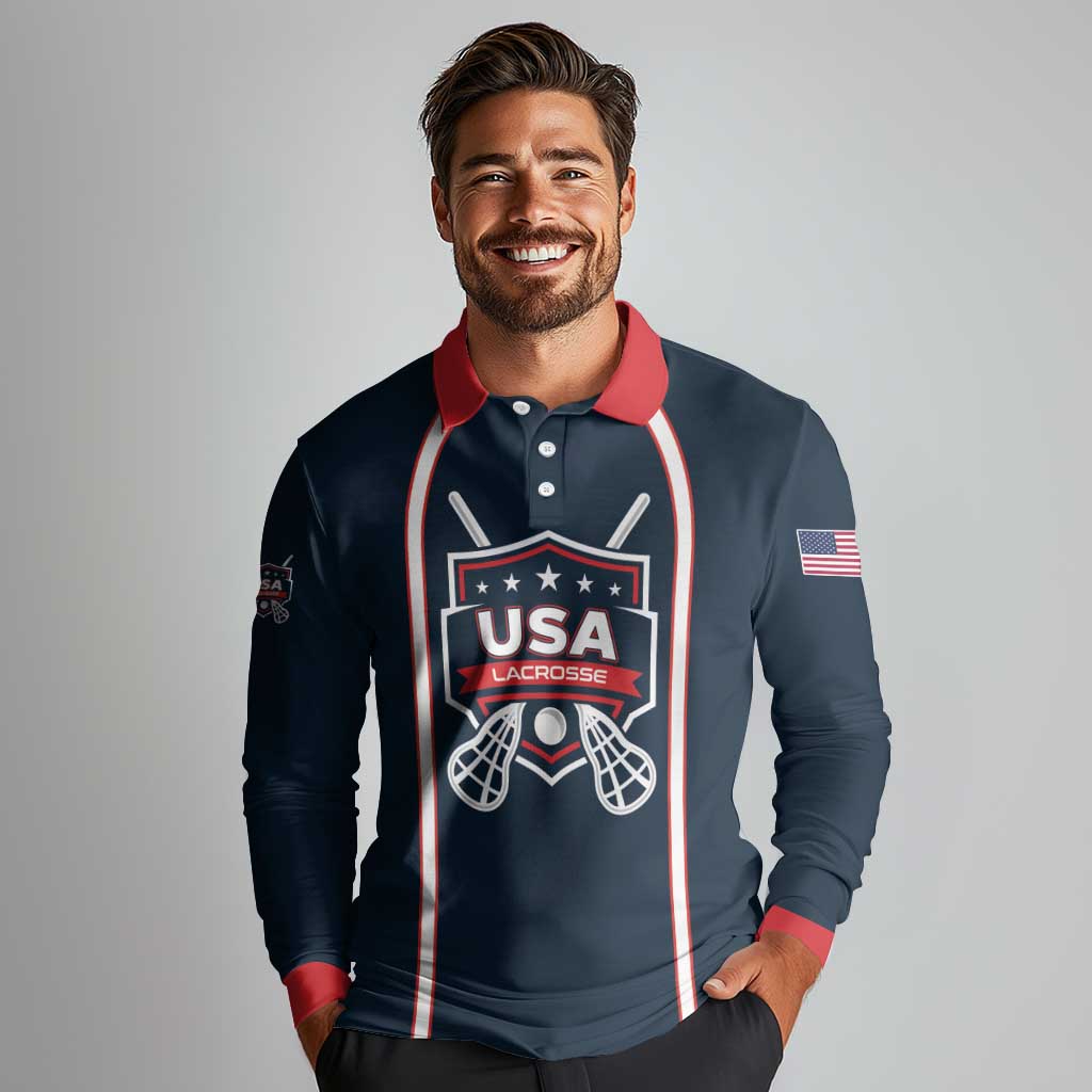 Custom USA 2025 Lacrosse Long Sleeve Polo Shirt USA Growing the Game Blue Version