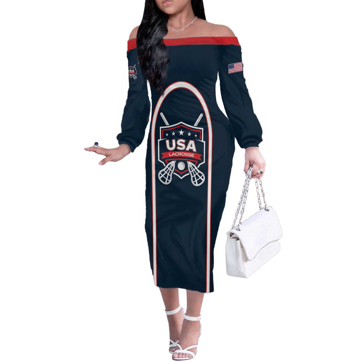 Custom USA 2025 Lacrosse Off The Shoulder Long Sleeve Dress USA Growing the Game Blue Version