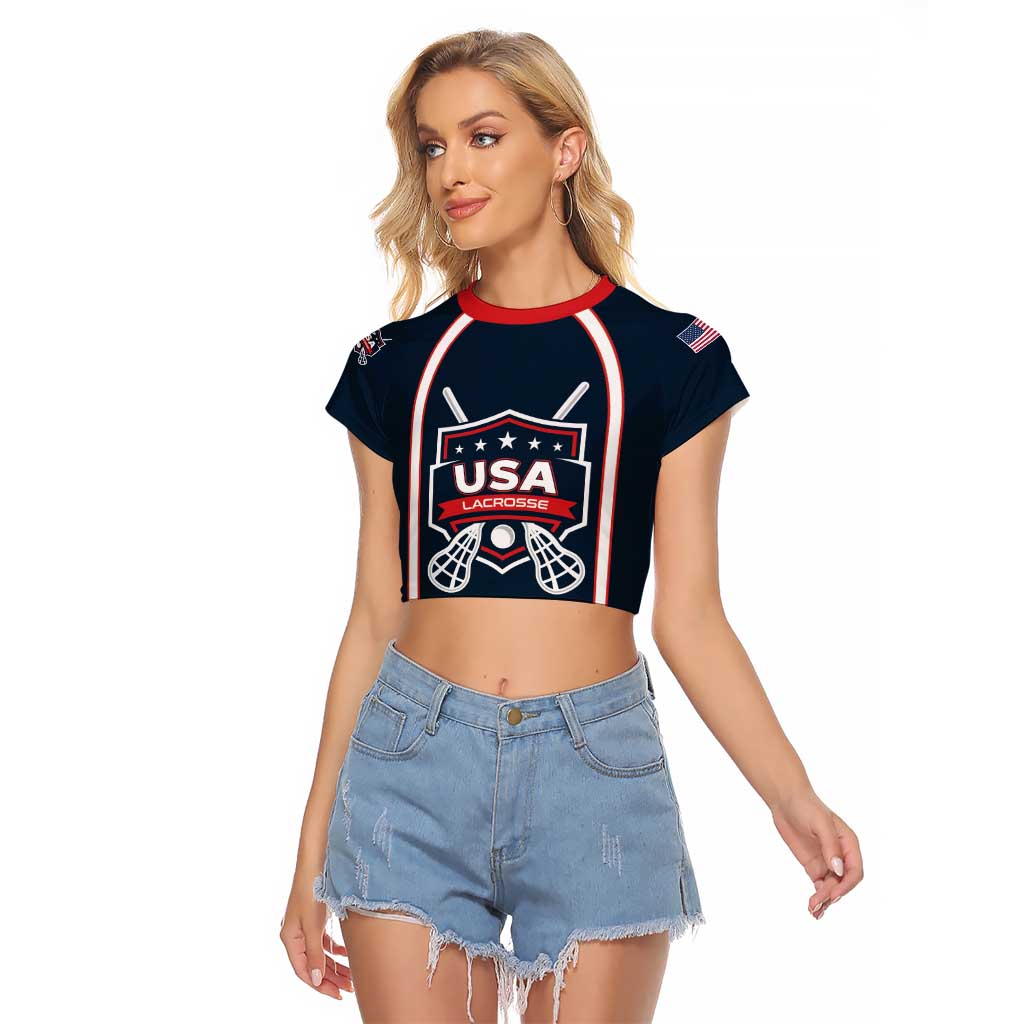 Custom USA 2025 Lacrosse Raglan Cropped T Shirt USA Growing the Game Blue Version