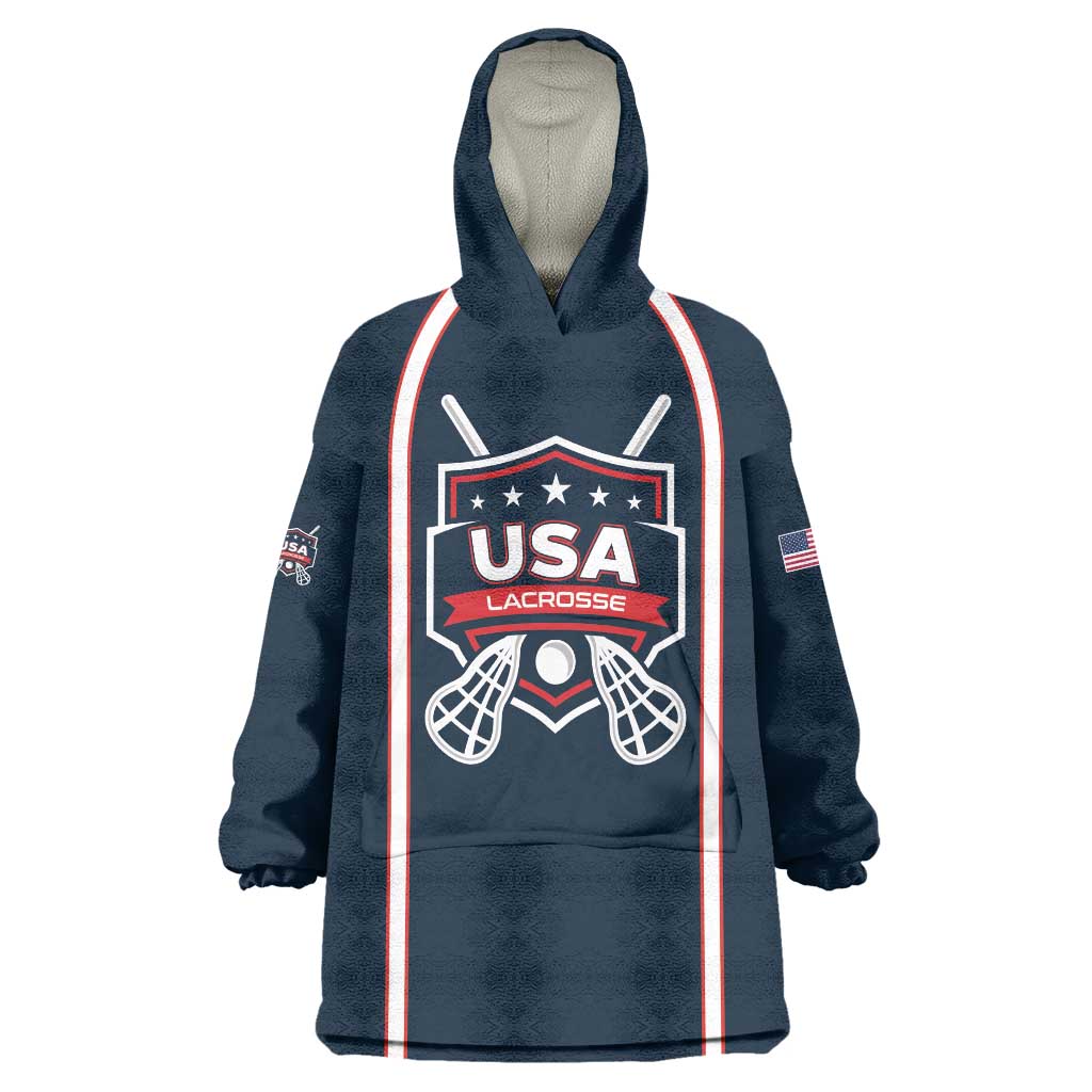 Custom USA 2025 Lacrosse Wearable Blanket Hoodie USA Growing the Game Blue Version