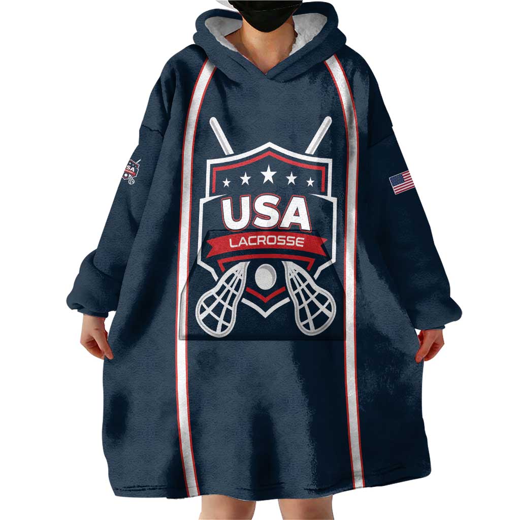 Custom USA 2025 Lacrosse Wearable Blanket Hoodie USA Growing the Game Blue Version