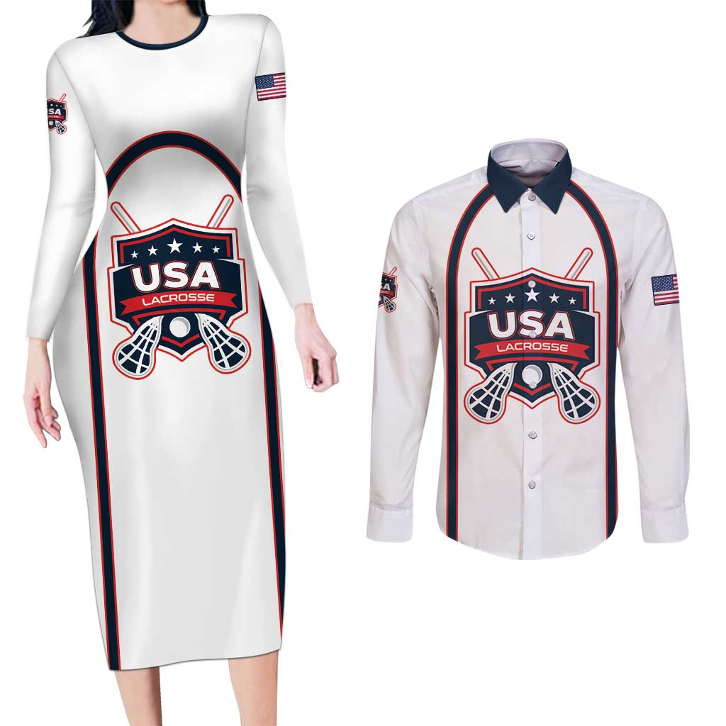 Custom USA 2025 Lacrosse Couples Matching Long Sleeve Bodycon Dress and Long Sleeve Button Shirt USA Growing the Game White Version