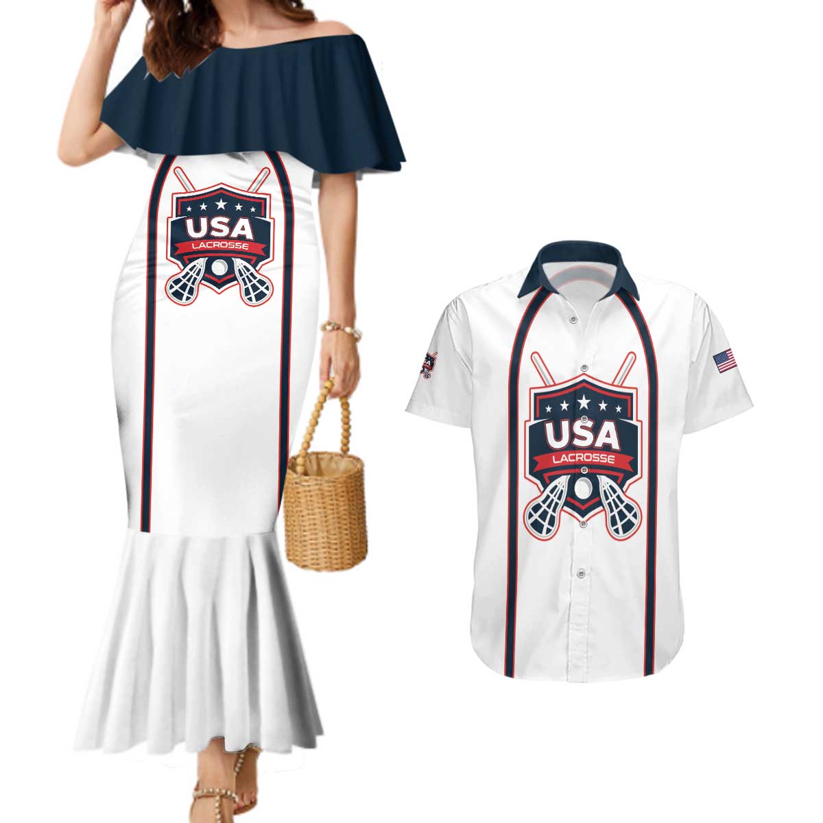 Custom USA 2025 Lacrosse Couples Matching Mermaid Dress and Hawaiian Shirt USA Growing the Game White Version