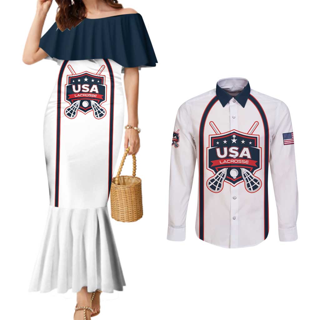 Custom USA 2025 Lacrosse Couples Matching Mermaid Dress and Long Sleeve Button Shirt USA Growing the Game White Version