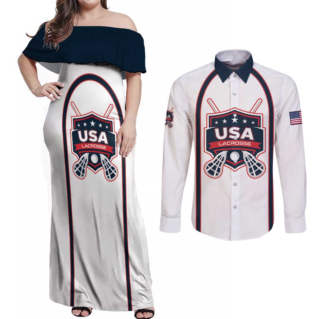 Custom USA 2025 Lacrosse Couples Matching Off Shoulder Maxi Dress and Long Sleeve Button Shirt USA Growing the Game White Version