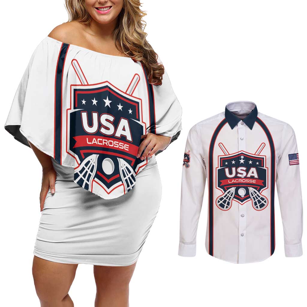 Custom USA 2025 Lacrosse Couples Matching Off Shoulder Short Dress and Long Sleeve Button Shirt USA Growing the Game White Version