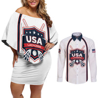 Custom USA 2025 Lacrosse Couples Matching Off Shoulder Short Dress and Long Sleeve Button Shirt USA Growing the Game White Version