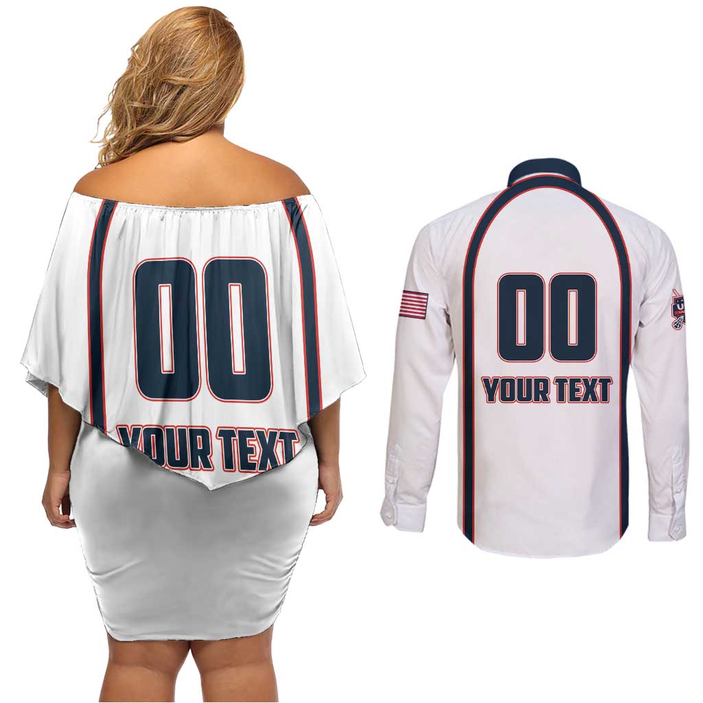 Custom USA 2025 Lacrosse Couples Matching Off Shoulder Short Dress and Long Sleeve Button Shirt USA Growing the Game White Version