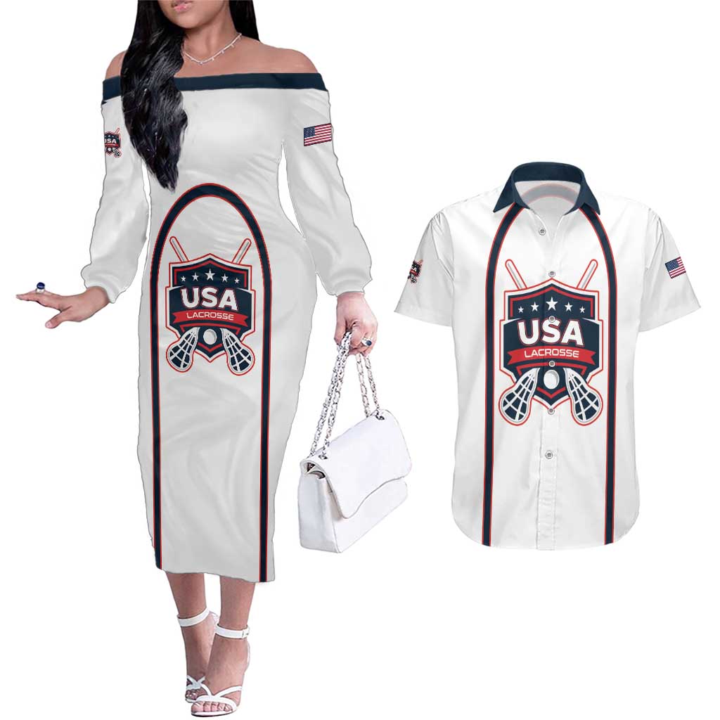 Custom USA 2025 Lacrosse Couples Matching Off The Shoulder Long Sleeve Dress and Hawaiian Shirt USA Growing the Game White Version